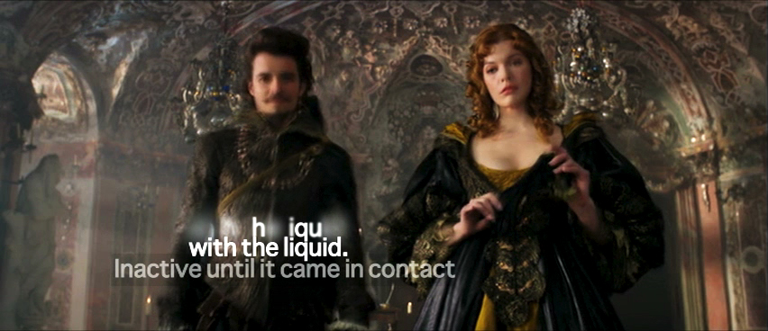 A frame from The Three Musketeers showing Athos after being poisoned, with dialogue captions manipulated to look like an echo.