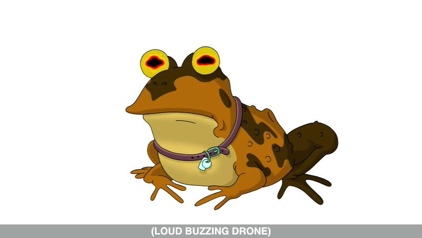 A frame from Futurama showing the Hypnotoad with vibrating, color-changing eyes against a white background.