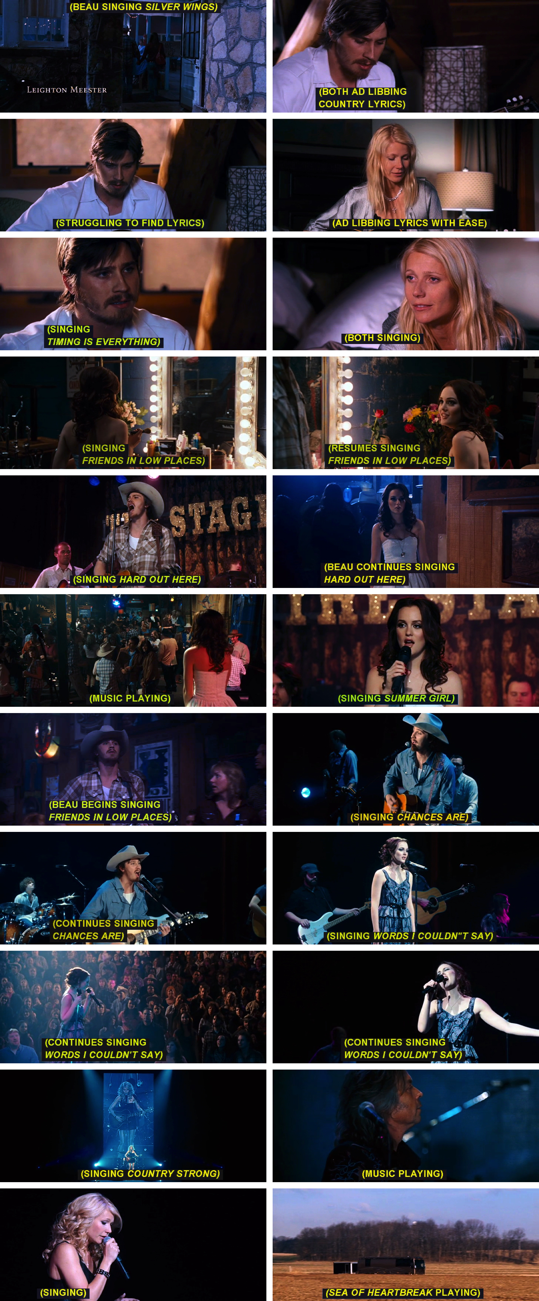 A compilation of frames from Country Strong showing the lack of music lyrics