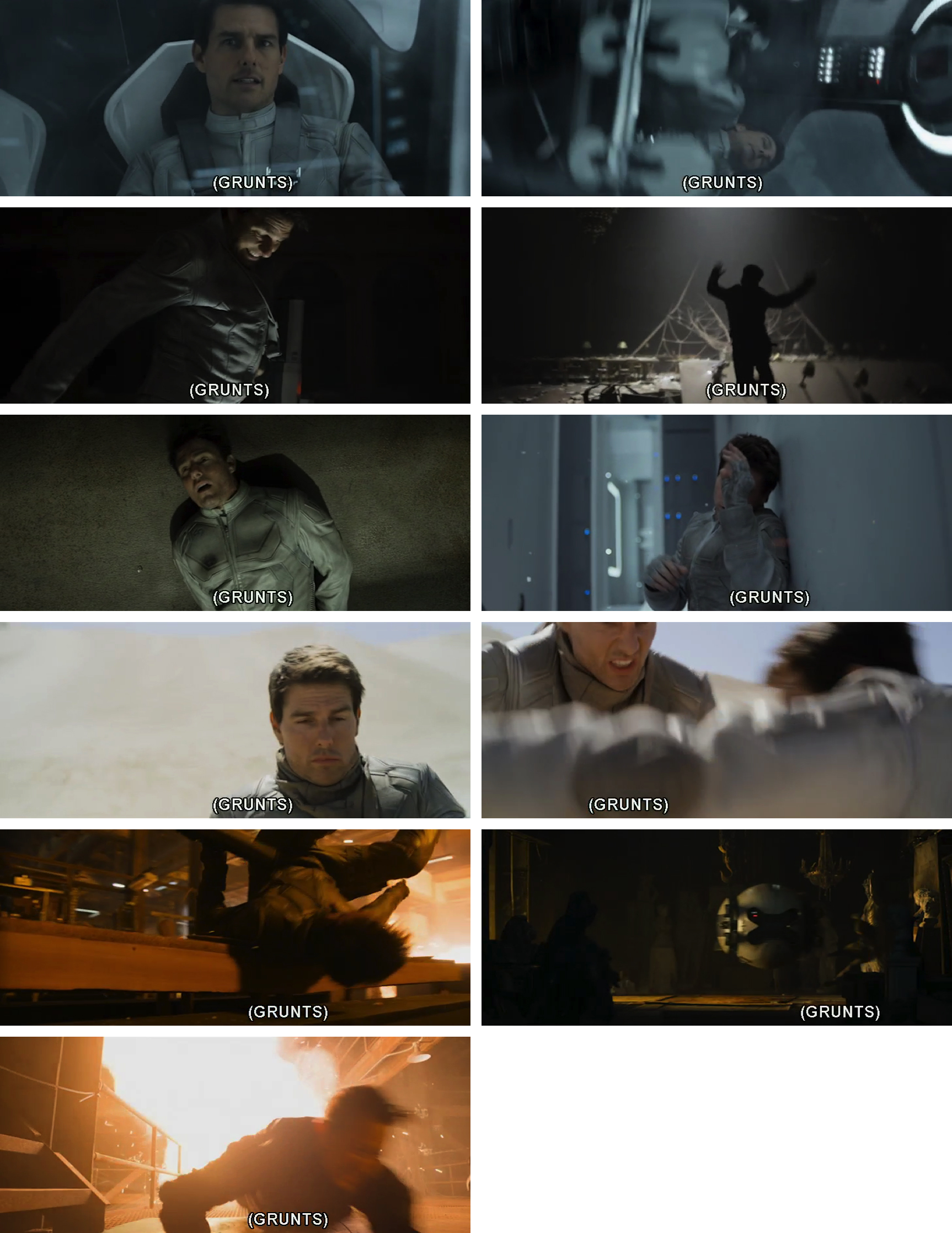 A collage of eleven grunt captions from Oblivion. All of the grunt captions are attributed to men. Nine of the grunt captions are attributed to Tom Cruise specifically.