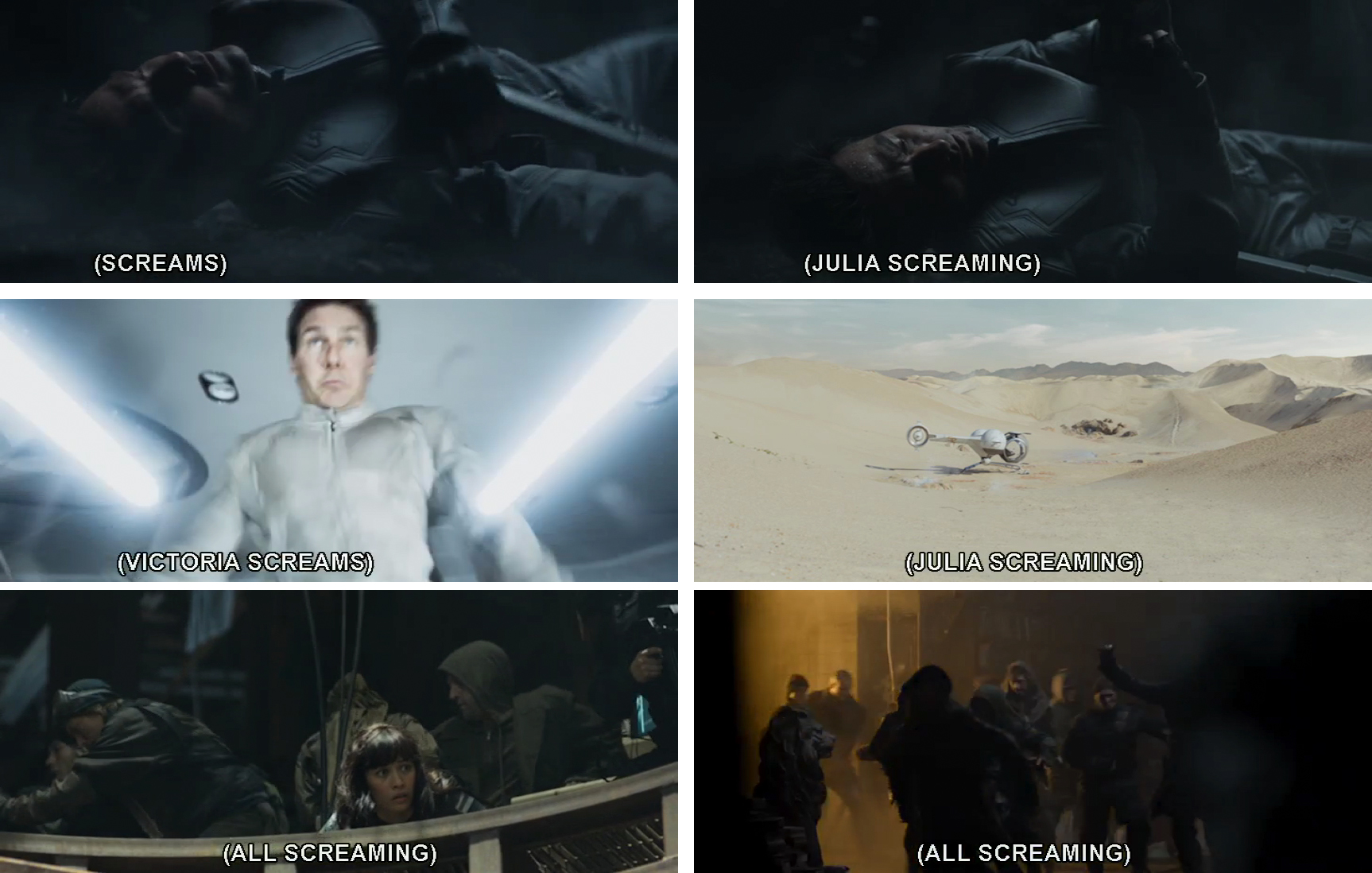 A collage of six frame grabs from Oblivion featuring all six "scream" captions in the movie.