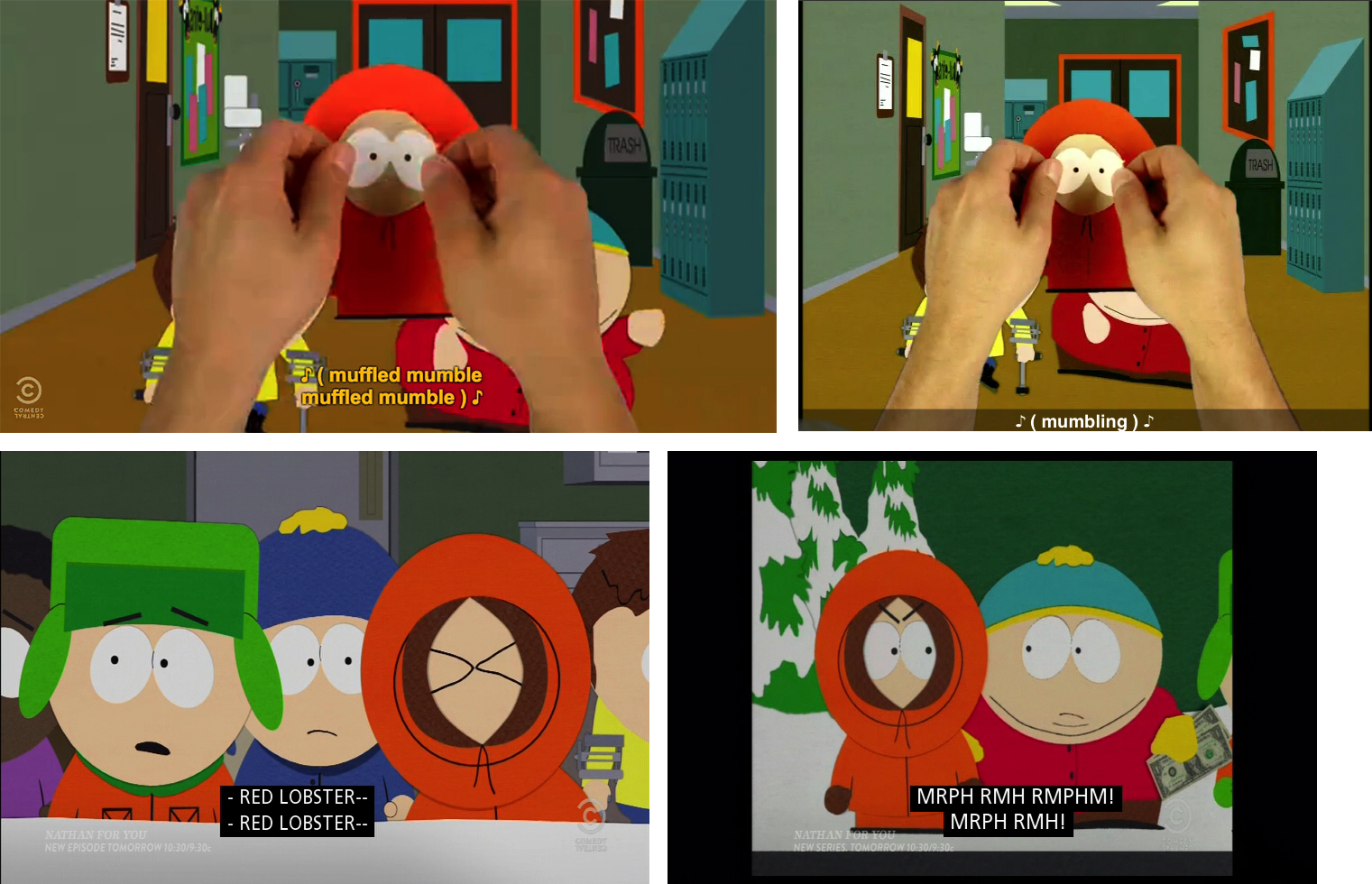 A compilation of four frames from South Park featuring Kenny. Each image presents a different caption for Kenny's muffled speech.