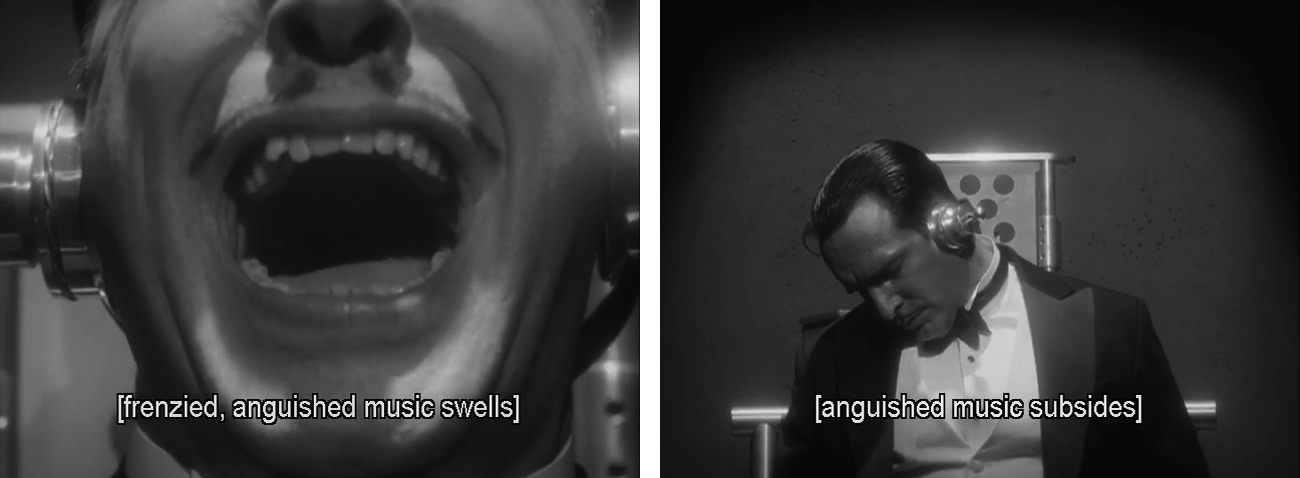  Two frames from The Artist (2011). In the first frame the caption is: [frenzied, anguished music swells]. In the other frame, the caption is: [anguished music subsides]. Both frames are taken from the preceding clip. 