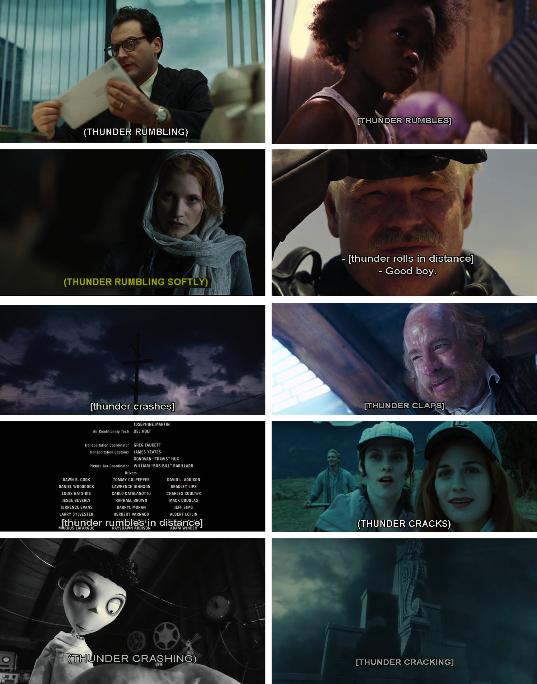 A collage of 10 captions for thunder from a variety of movies