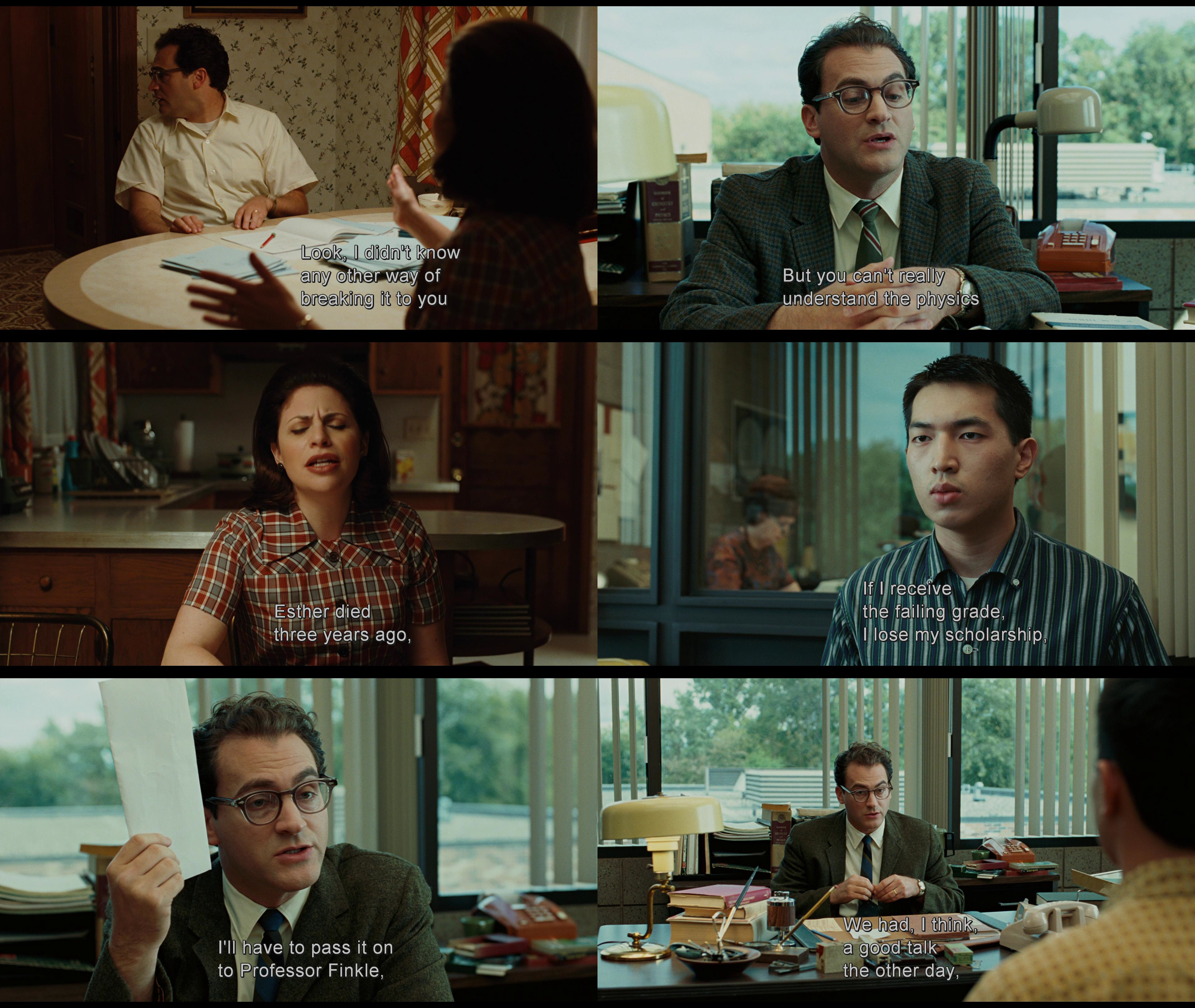 A compilation of six frames from A Serious Man showing captions with no ending punctuation or trailing commas.