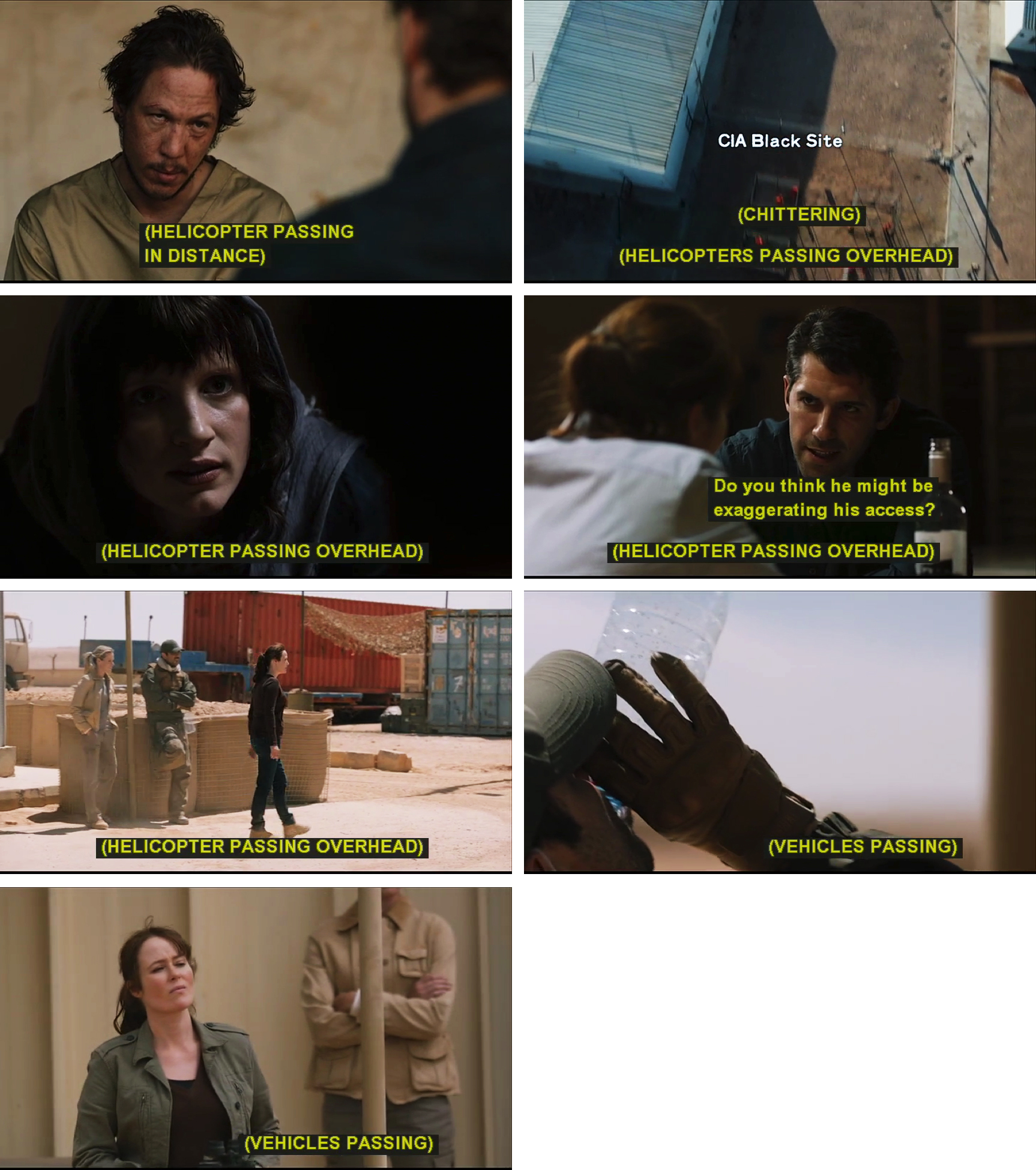A compliation of frame grabs from Zero Dark Thirty featuring seven nonspeech "passing" captions.