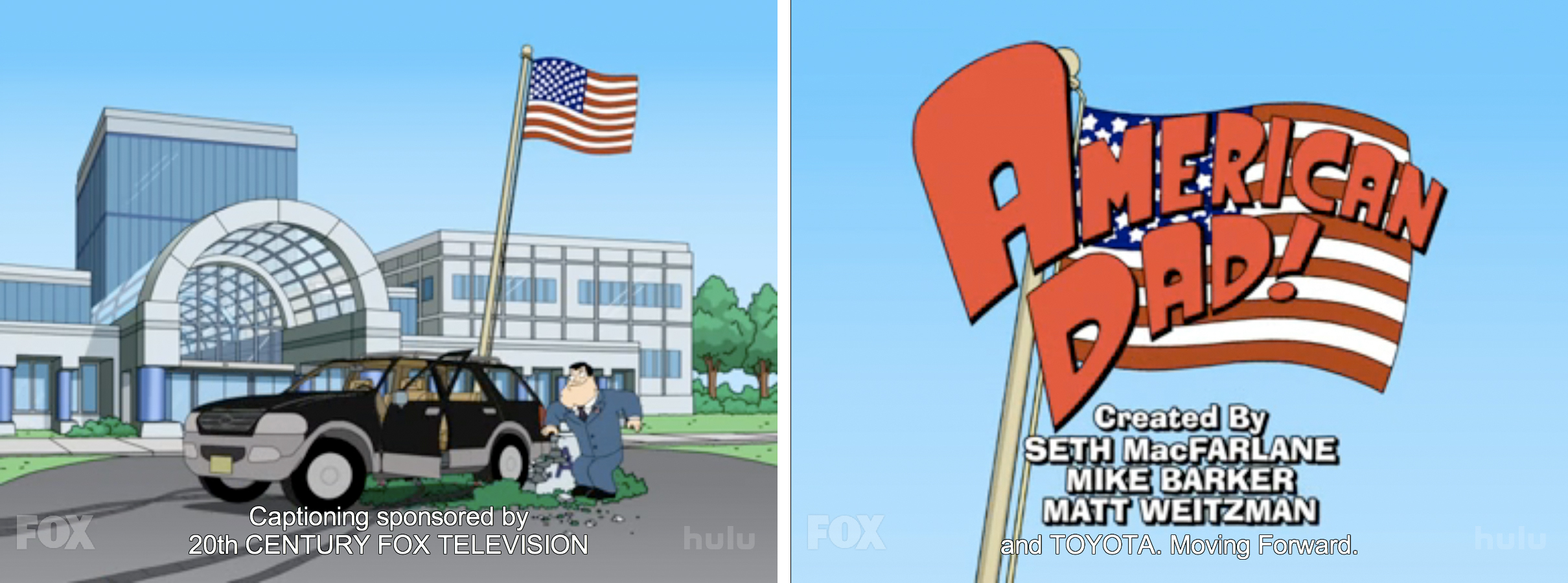 Two screen shots from the opening to American Dad featuring the sponsor's messages in the caption track