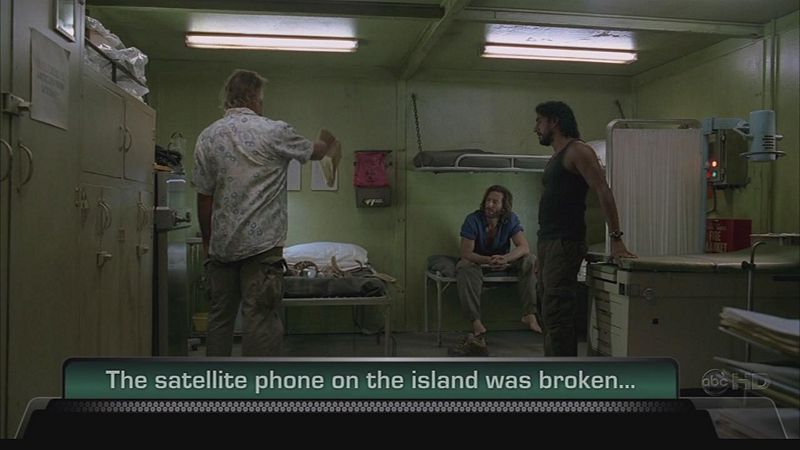 A frame from an episode of Lost featuring the enhanced subtitle: The satellite phone on the island was broken.