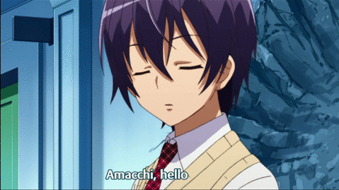 An animated gif from NouCome, an anime television series, features two young characters greeting each other. The girl's extended helloo climbs up the side of the frame: helloooooooooooooooo