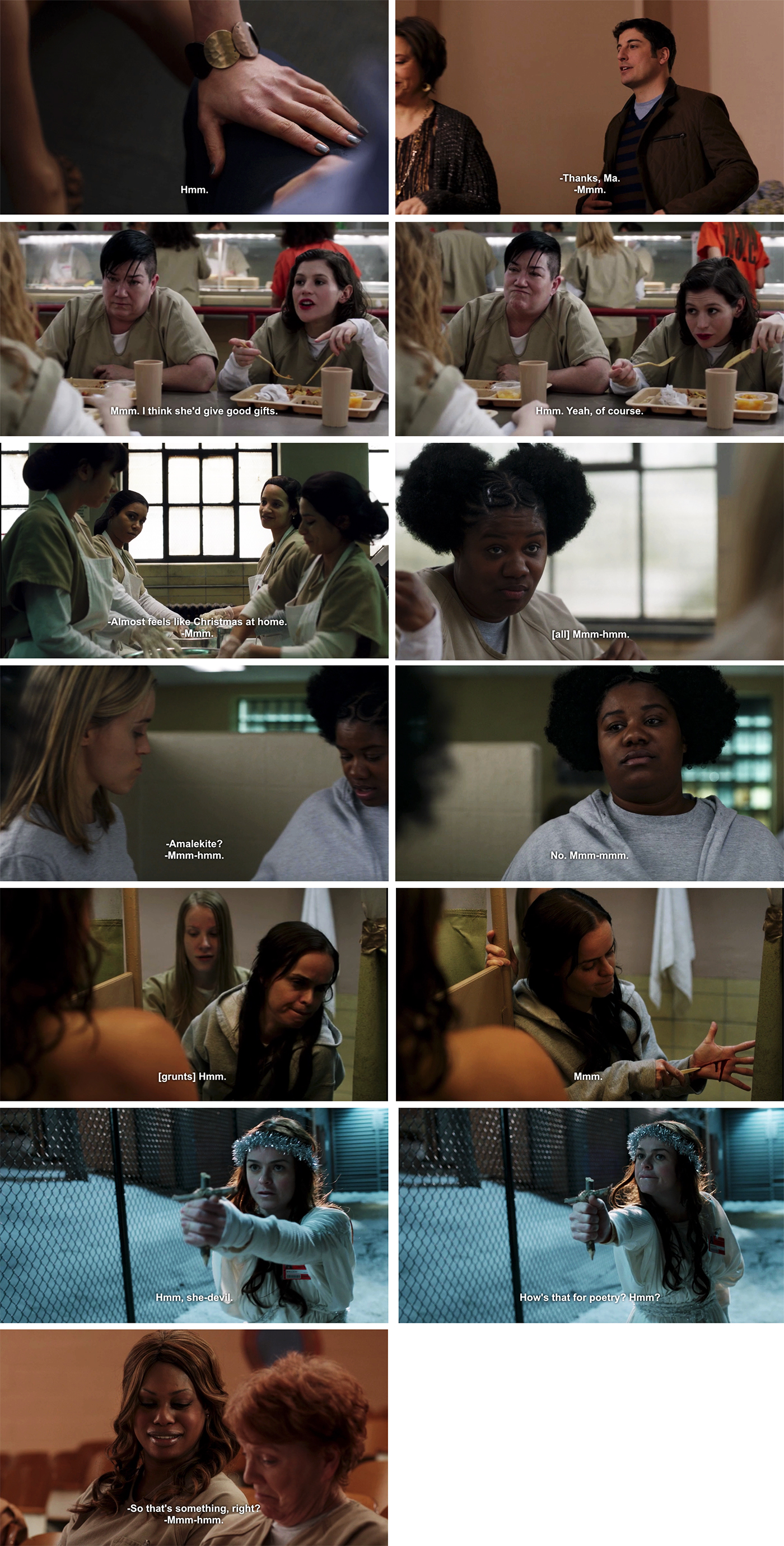 A collection of thirteen frames from an episode of Orange is the New Black, each of which includes an example of a different backchannel particle: hmm, mmm, mmm-hmm, or mmm-mmm.