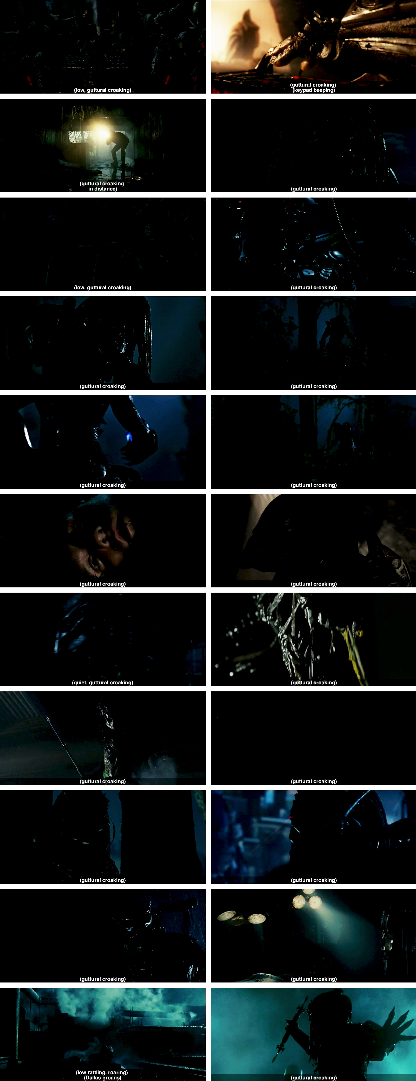 A compilation of 22 frames from Aliens vs. Predator: Requiem (2007). Each frame features a 'guttural croaking' caption