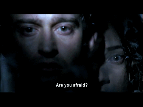 An animated gif from Night Watch featuring a subtitle that blinks along with the character blinking her eyes: 'Are you afraid?'