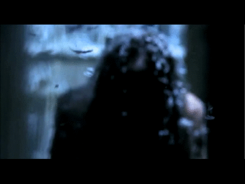 An animated gif from Night Watch featuring a subtitle that is covered by falling feathers. The subtitle sticks to the speaker as the camera moves away from her. The subtitle: Don't look at me!