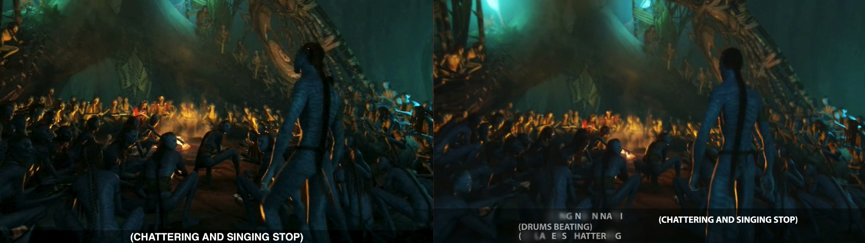 Two frames from Avatar featuring a sustained caption: (chattering and singing stop). This example is discussed in this blog post.