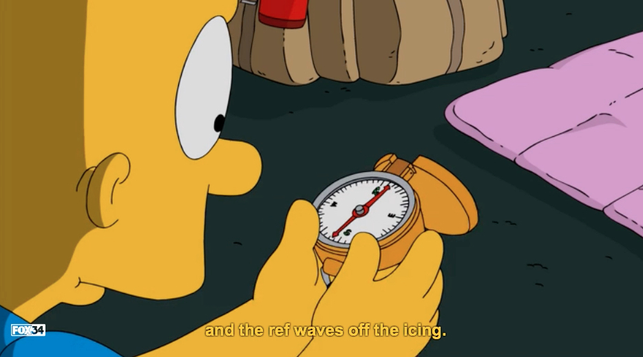 A frame from The Simpsons' Barthood episode of a yellow closed caption blending in with the yellow background of Bart's hands. 