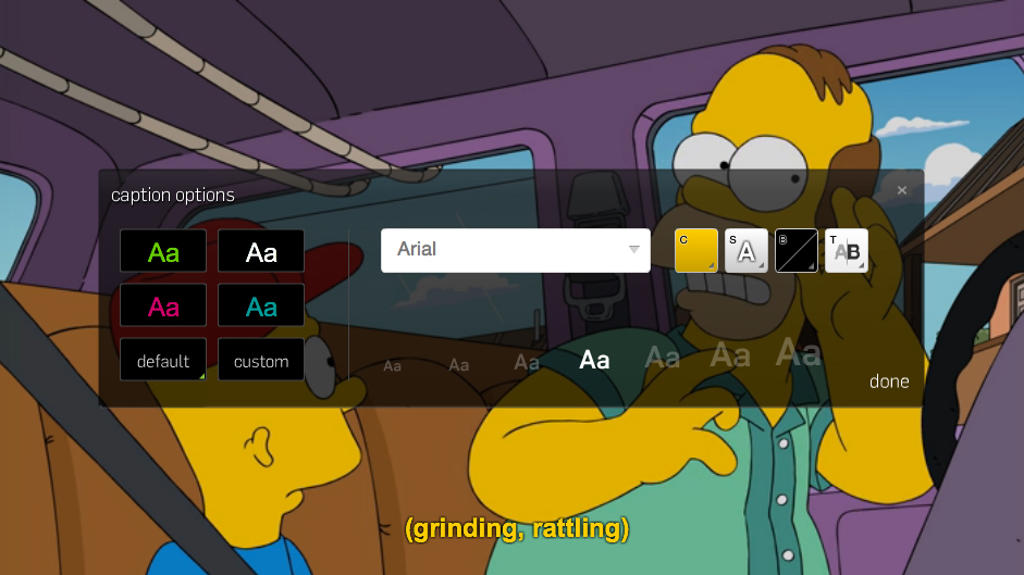 A screen shot from Hulu showing the foreground and background color, typeface, and size options for the closed captions.