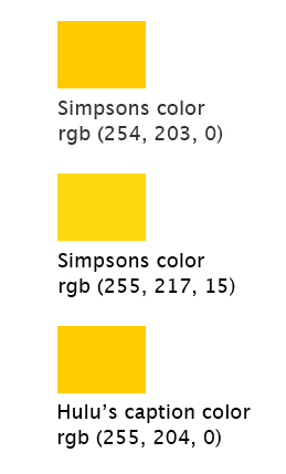 Three small colored yellow boxes displaying different shades of yellow. The first two are shades that have been suggested as the skin color of the Simpsons characters. The third shade is very closed related shade of yellow that is the default caption color on Hulu.com.
