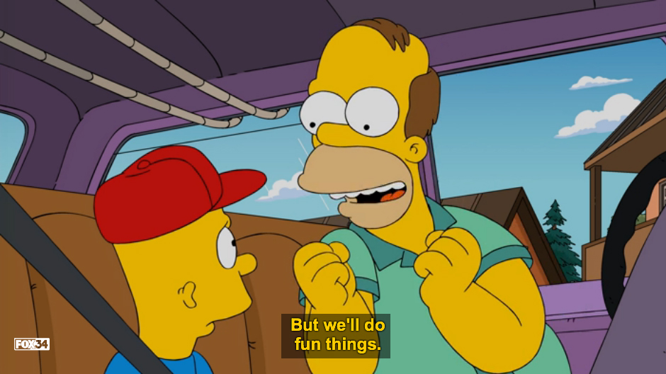 A frame from The Simpsons' Barthood episode featuring a closed caption with a black background around the caption to provide contrast