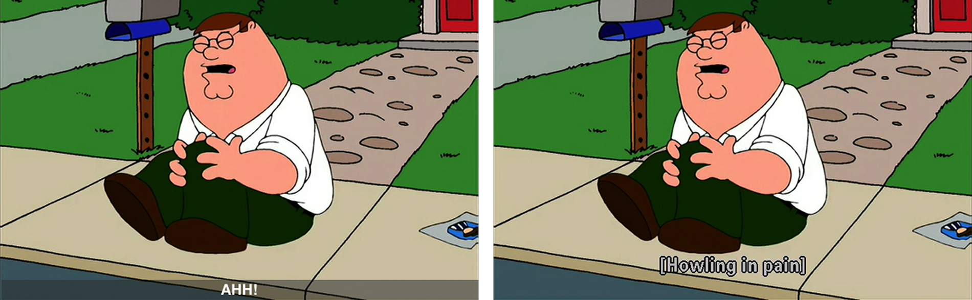 A comparison of two identical frames from an episode of Family Guy on DVD featuring Peter Griffin holding his knee in pain while sitting on the sidewalk outside his house. Frame 1: AHH! Frame 2: [Howling in pain]. Each frame is pulled from a different caption track on the DVD release.