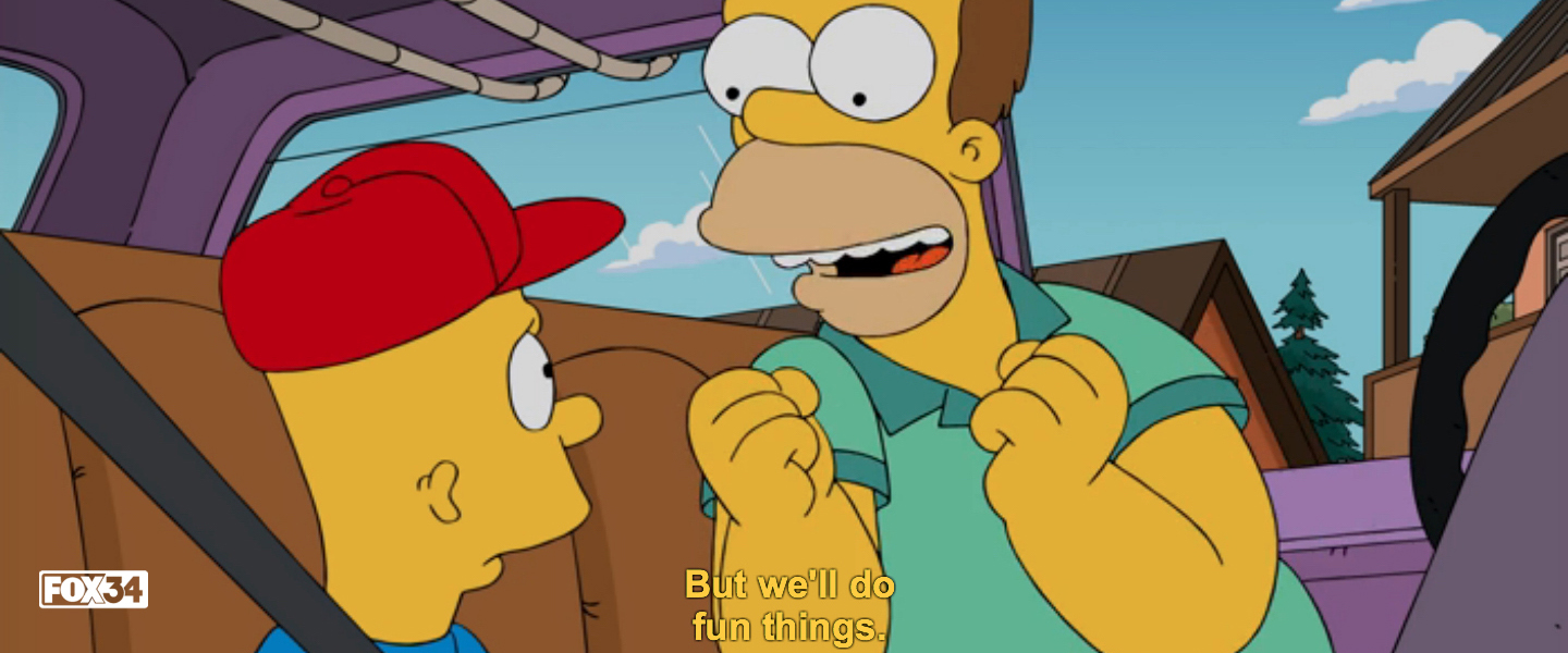A frame from The Simpsons' Barthood episode featuring a closed caption with a black background around the caption to provide contrast